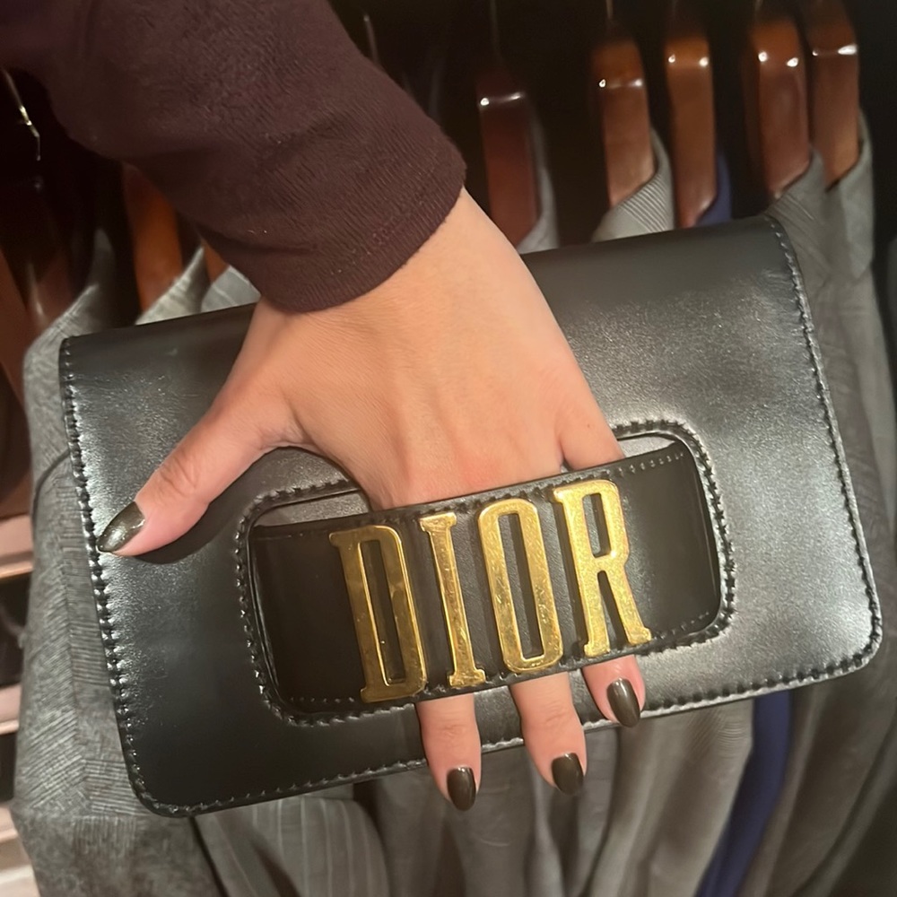 Christian Dior black leather clutch bag